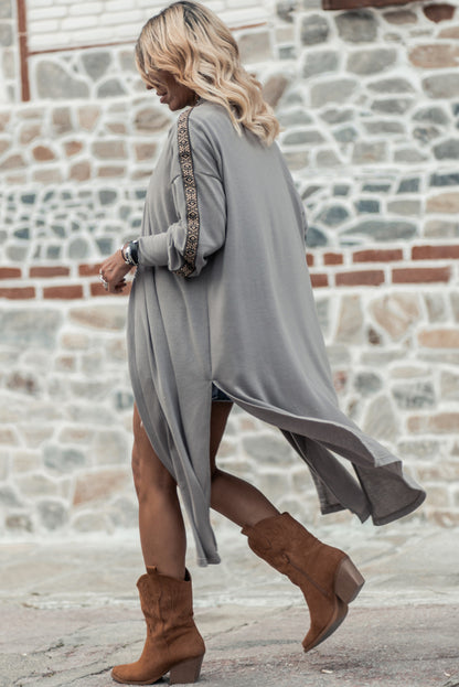 Aztec Accent Side Slit Open Front Long Cardigan | Medium Grey