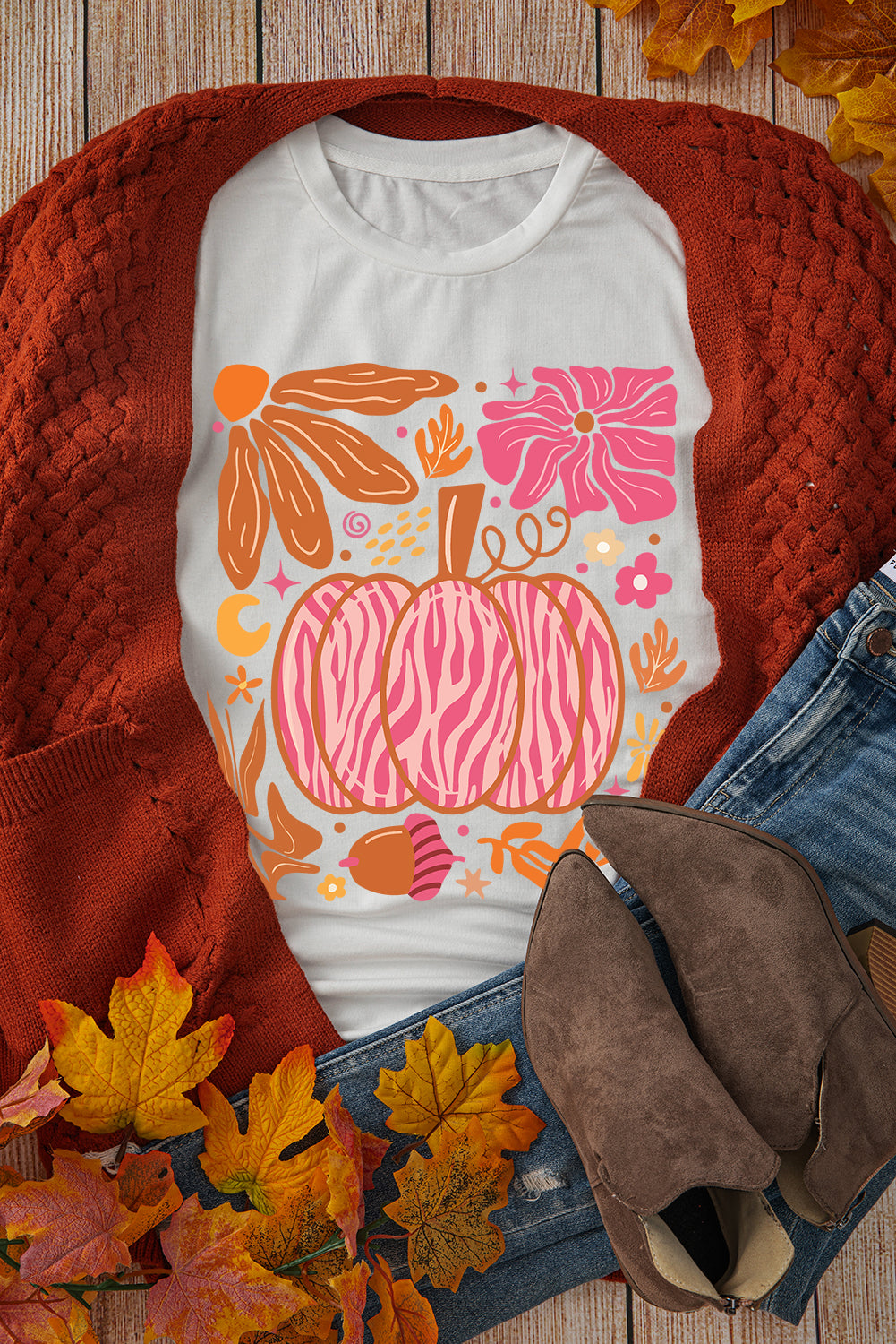 Floral Pumpkin Printed Crewneck Thanksgiving T Shirt | White