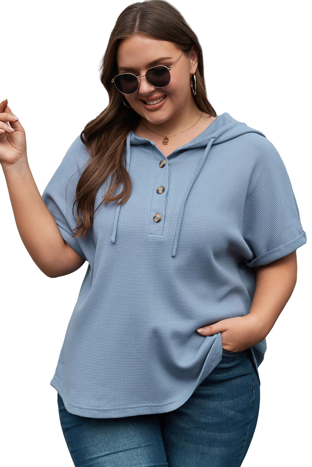 Plus Size Waffle Knit Short Sleeve Drawstring Hoodie | Ashleigh Blue