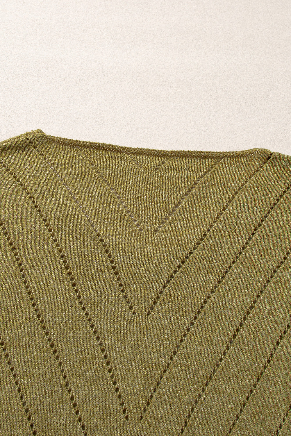 Solid Eyelet Drop Shoulder V Neck Sweater | Sage Green