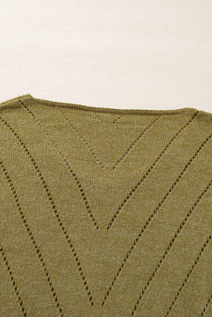 Solid Eyelet Drop Shoulder V Neck Sweater | Sage Green