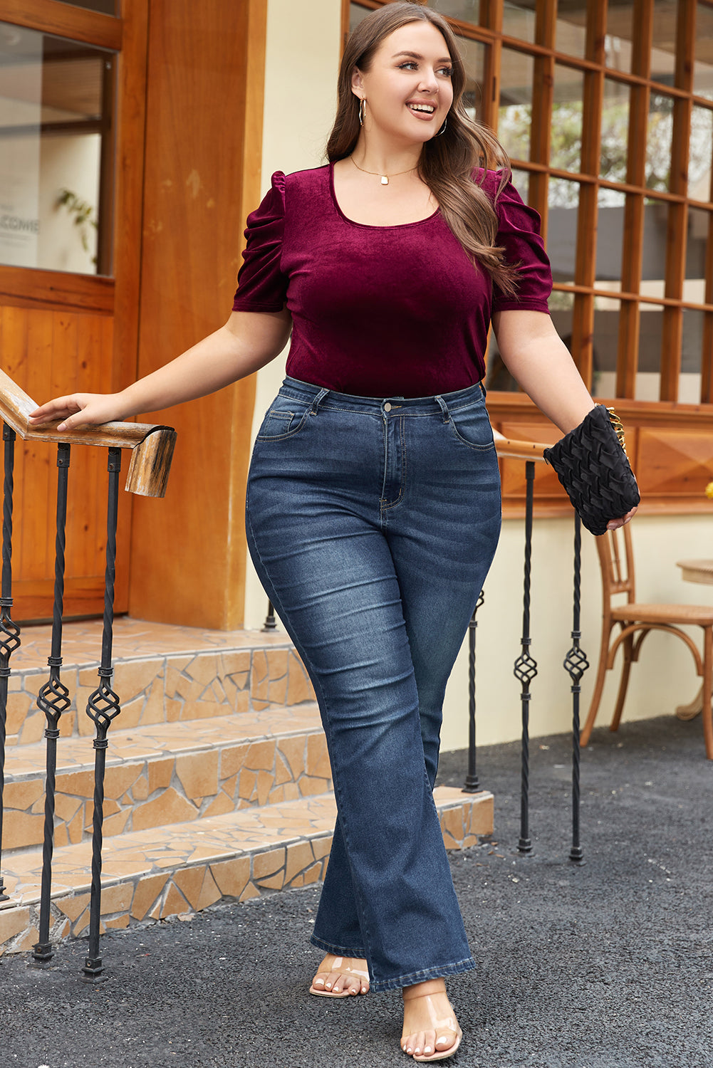 Velvet Bubble Sleeve U Neck Plus Size Top | Burgundy