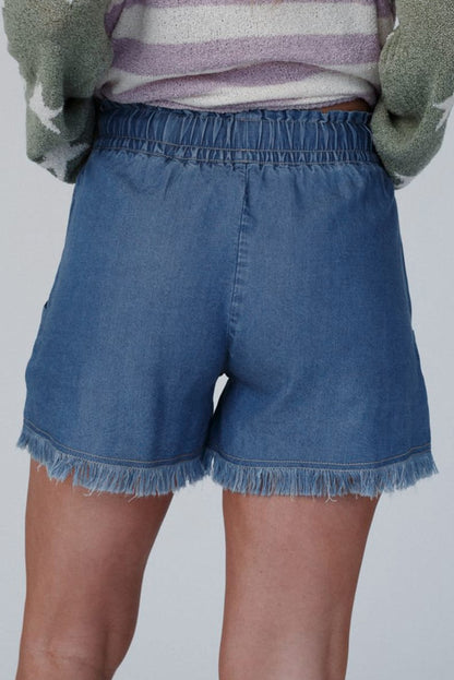 Raw Hem Drawstring High Waist Denim Shorts With Pockets | Ashleigh Blue