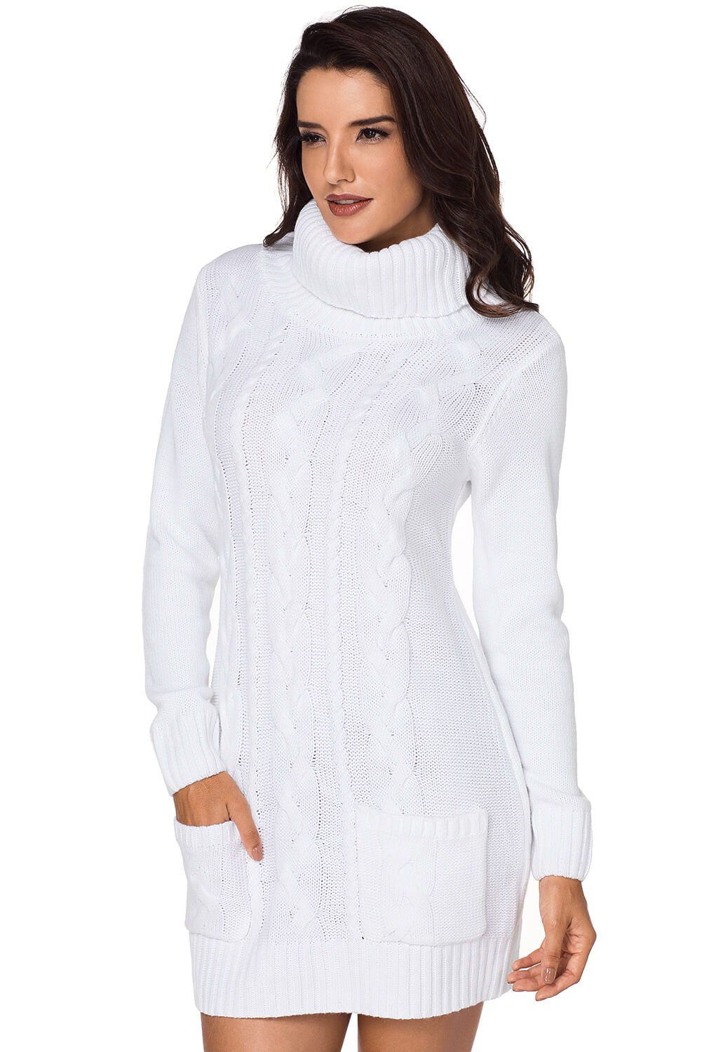 Cowl Neck Cable Knit Sweater Dress | White