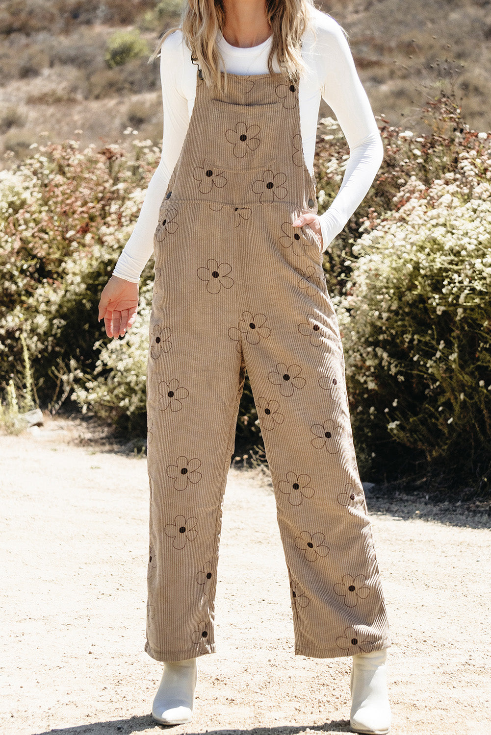 Flower Print Corduroy Overalls | Khaki