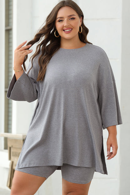 Solid Colour Loose Tunic Top And Slim Shorts Set | Light Grey