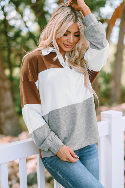 Turn-Down Collar Colourblock Pullover Sweatshirt | Brown