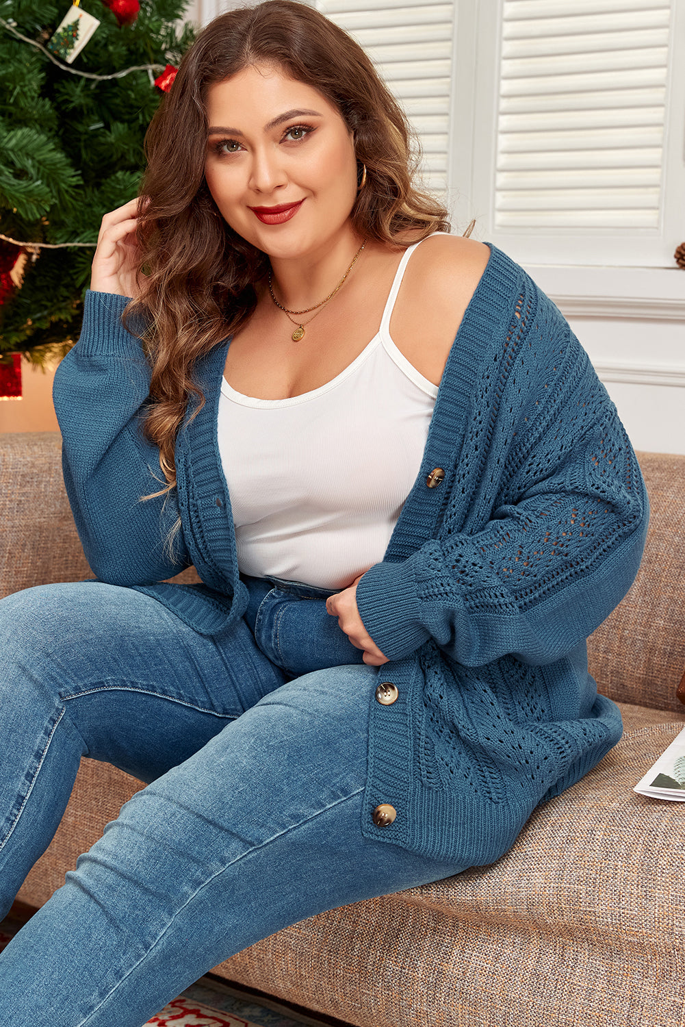 Open Knit V Neck Button Front Drop Shoulder Plus Size Cardigan | Real Teal