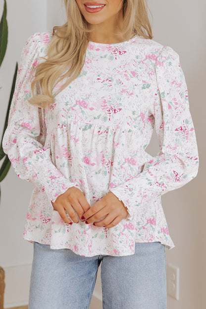 Floral Print Shirred Balloon Sleeve Keyhole Back Babydoll Blouse | Pink