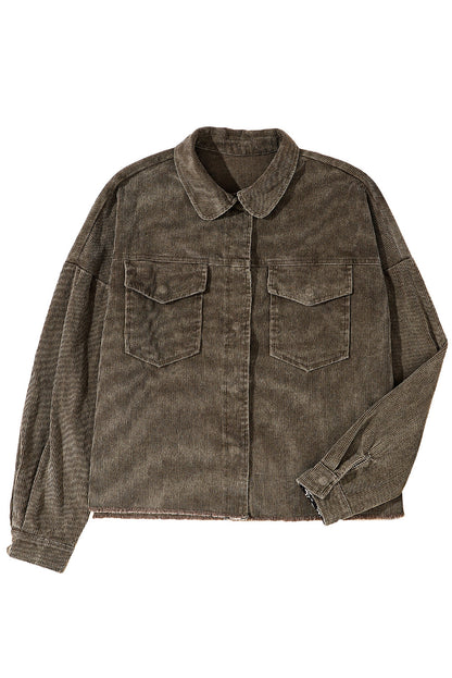 Contrast Snakeskin Trim Pocketed Corduroy Jacket | Gray