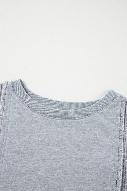 Waffle Patchwork Long Sleeve Raw Hem Pullover Top | Light Grey