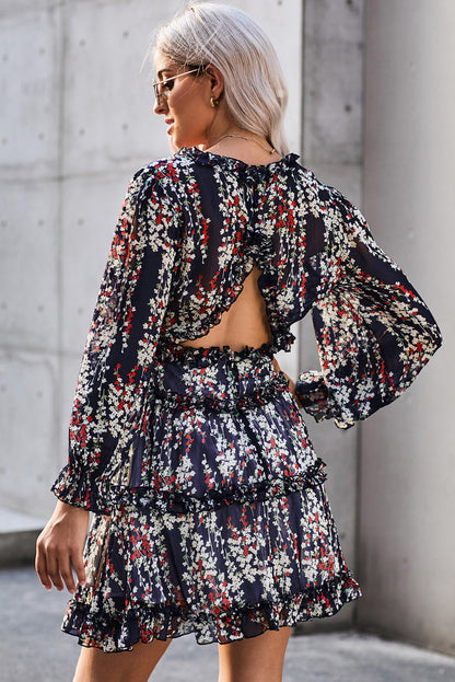 Ruffle Detailing Open Back Floral Dress | Blue