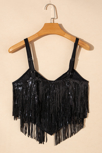 Sequin Tasseled Tank Crop Top | Black