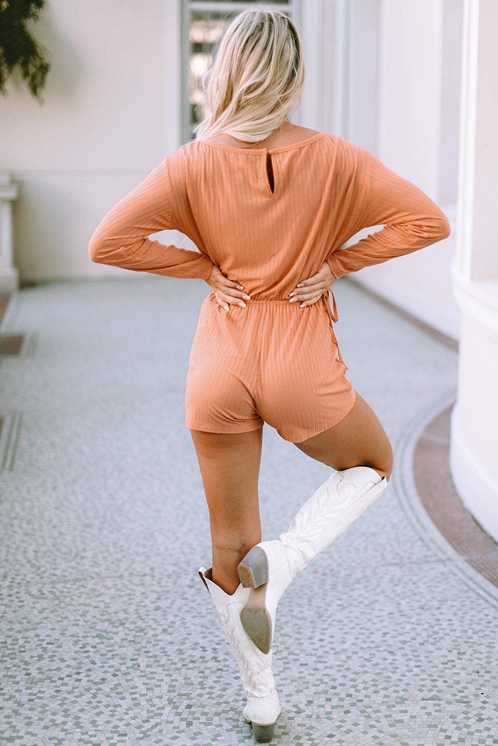 Ribbed Drawstring Waist Long Sleeve Romper | Orange