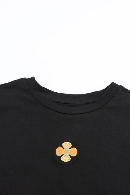 Embroidered Flower Short Puff Sleeve Tee | Black