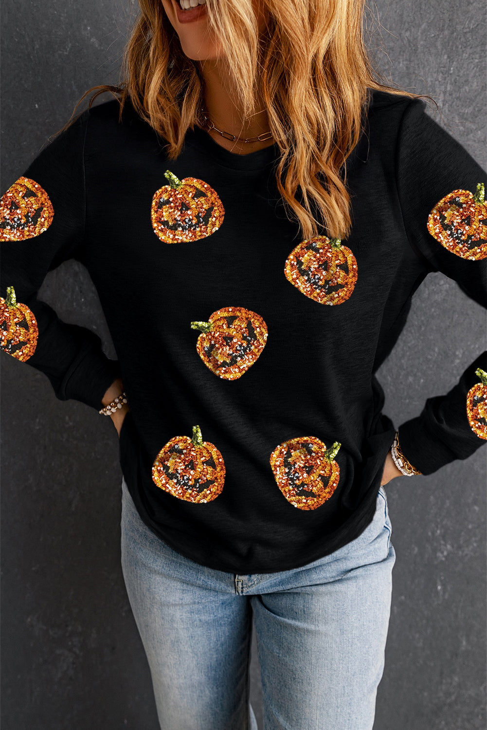 Halloween Sequin Pumpkin Face Pullover Long Sleeve Top | Black