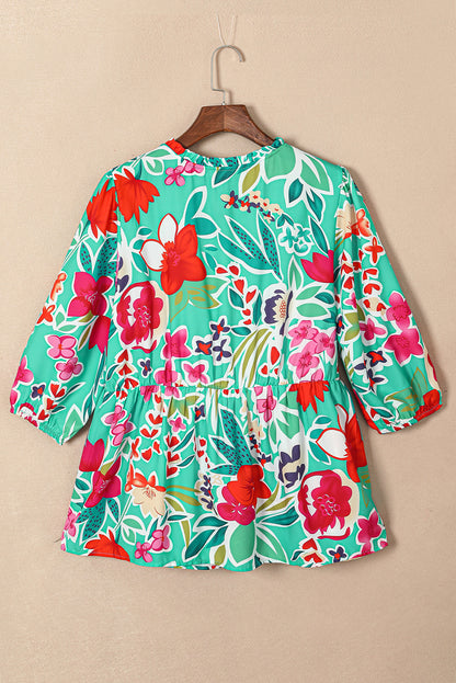 Floral Tie Split Neck Plus Size Peplum Blouse | Multicolour