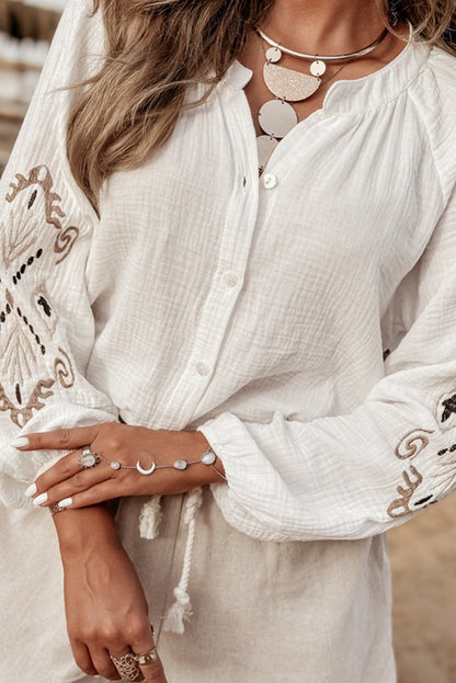 Embroidered Textured Buttoned Crew Neck Shirt | White