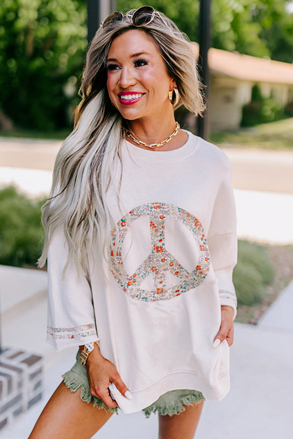 Floral Peace Sign Graphic Drop Shoulder Wide Sleeve Casual Top | Jet Stream