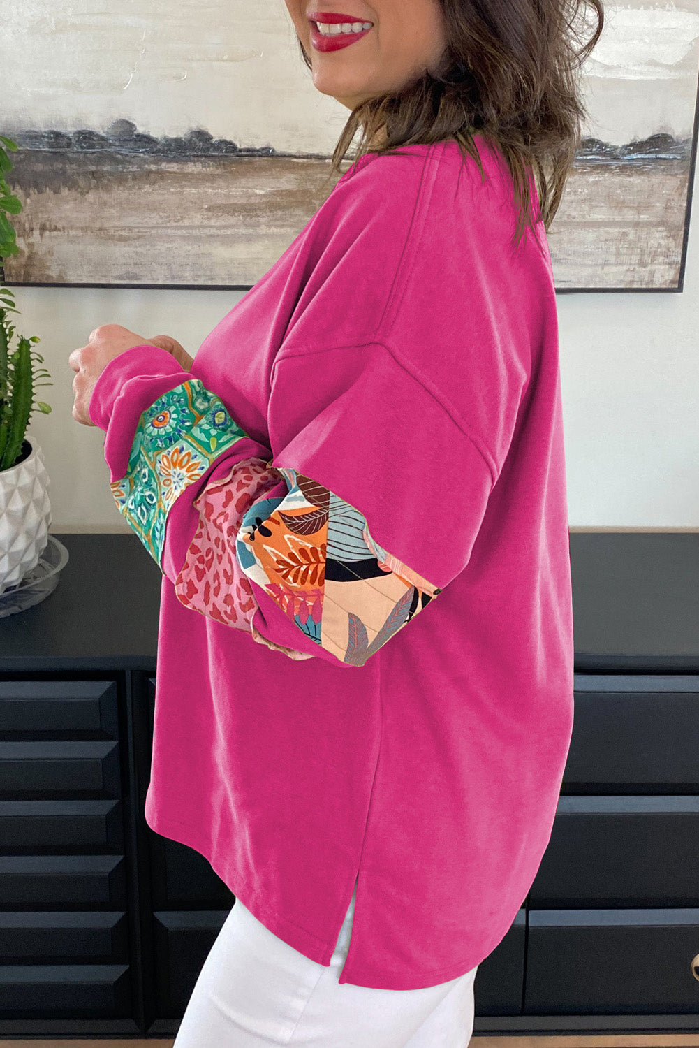 Plus Size Printed Patchwork Sleeve Split Sweatshirt | Rose Red