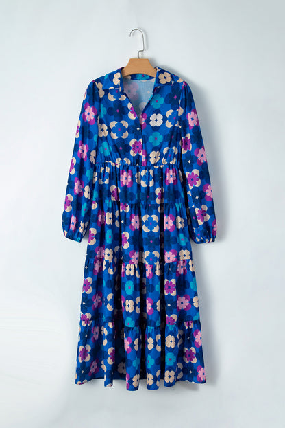 Floral Peasant Sleeve Tiered Ruffle Midi Dress | Blue