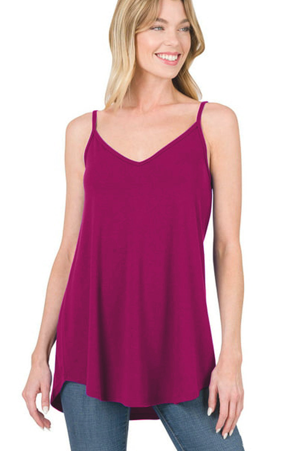 Spaghetti Strap V-Neck Flowy Tunic Tank Top | Pitaya Pink