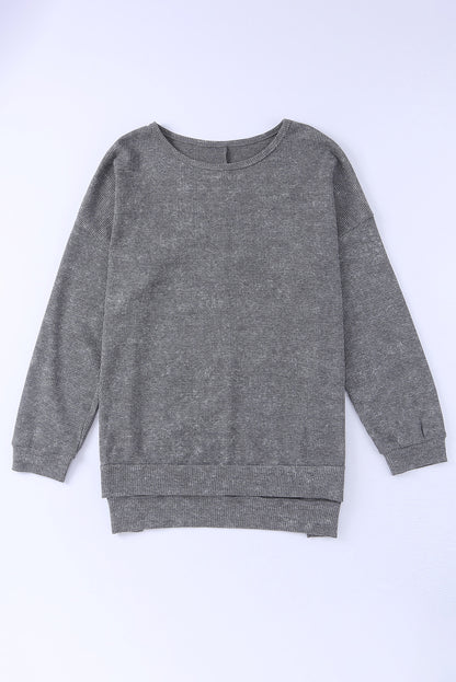 Waffle Knit Side Slit Pullover Top | Gray