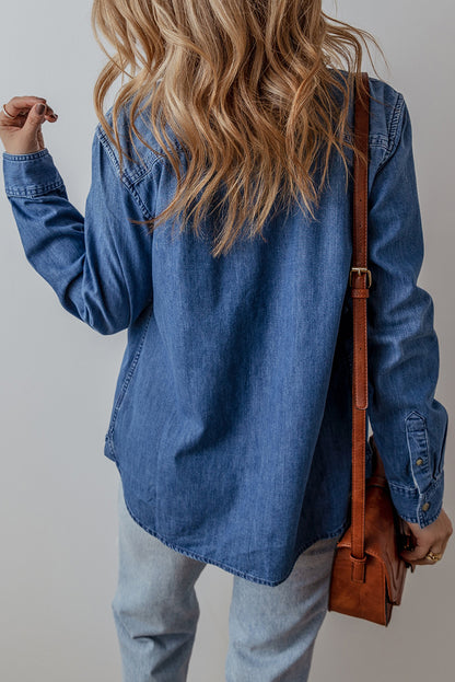 Flap Pocket Button Up Denim Shacket | Sky Blue