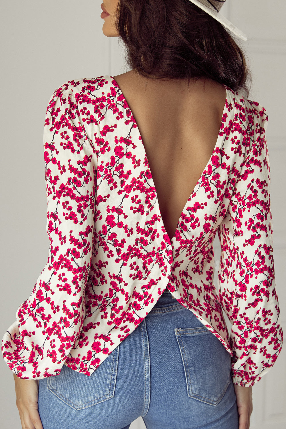 Floral Print Long Sleeve Open Back Blouse | Red