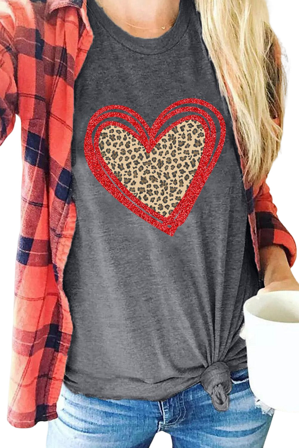 Sequin Leopard Heart Graphic T-Shirt | Gray