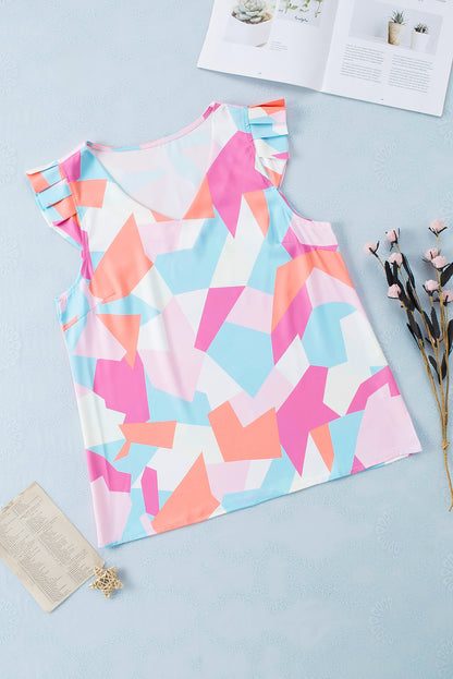 Pastel Geometric Print V-Neck Pleated Cap Sleeve Top | Multicolour