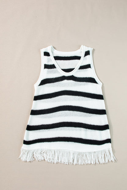 Loose Knit Fringe Tank Top | Beige Stripe