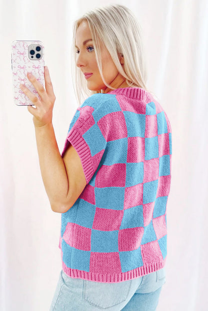 Colourblock Plaid Pattern Ribbed Trim Sweater Tank Top | Sachet Pink