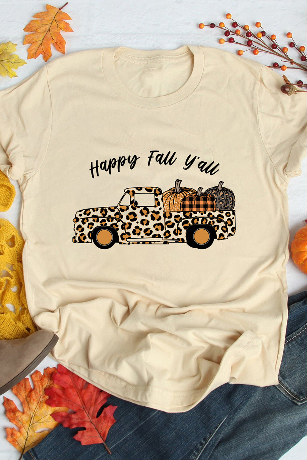 Happy Fall Leopard Truck Cute Pumpkin Graphic Tee | Khaki