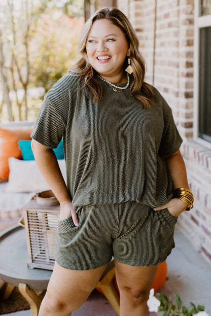 Plus Size Rib Knit Short Sleeve Top And Shorts Set | Moss Green