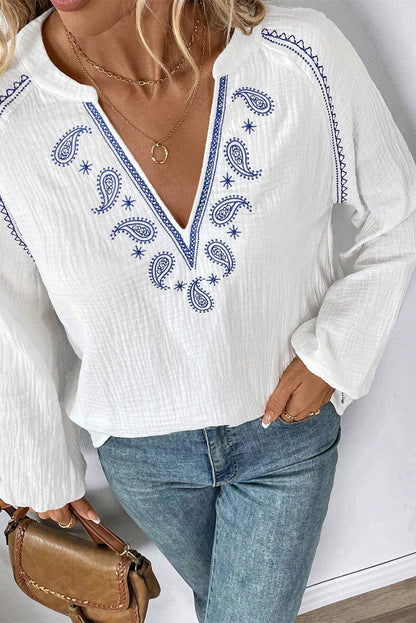 Paisley Embroidered Textured Split Neck Long Puff Sleeve Blouse | White