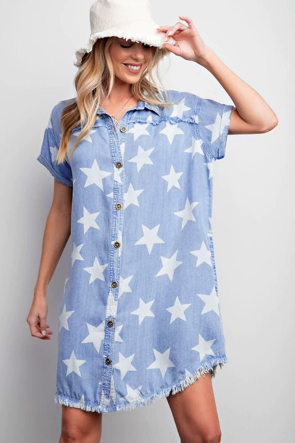 Stars Frayed Hem Collared Short Sleeve Denim Dress | Sky Blue