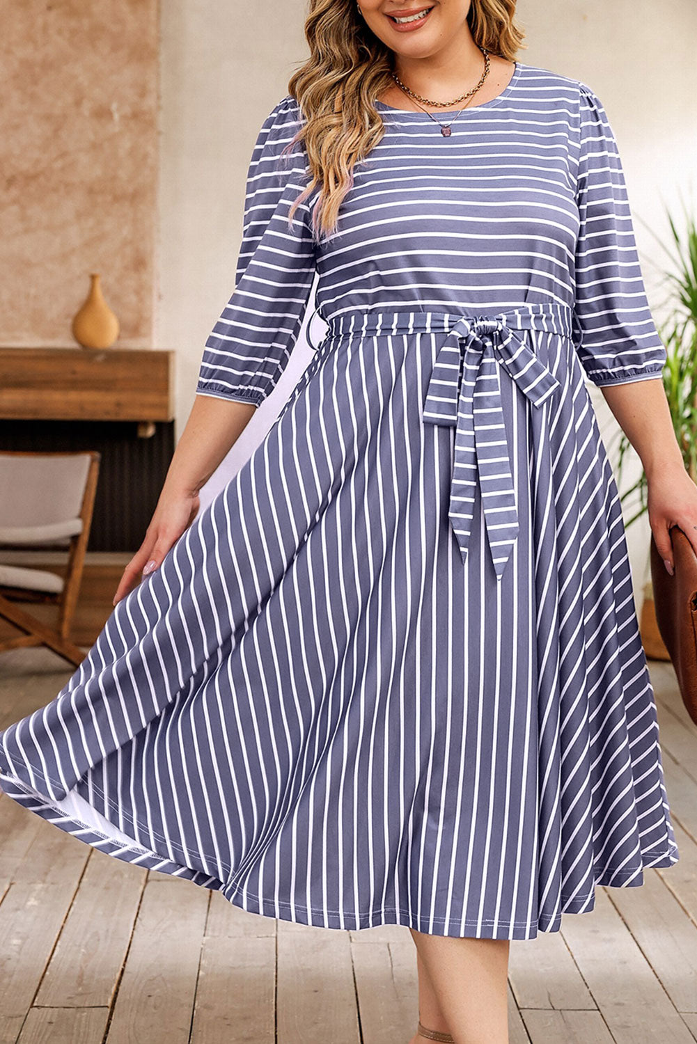 Striped Tie Waist 3/4 Sleeve Plus Size Dress | Gray