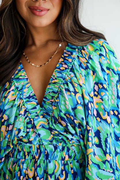 Abstract Print Puff Sleeve V Neck High Waist Romper | Green