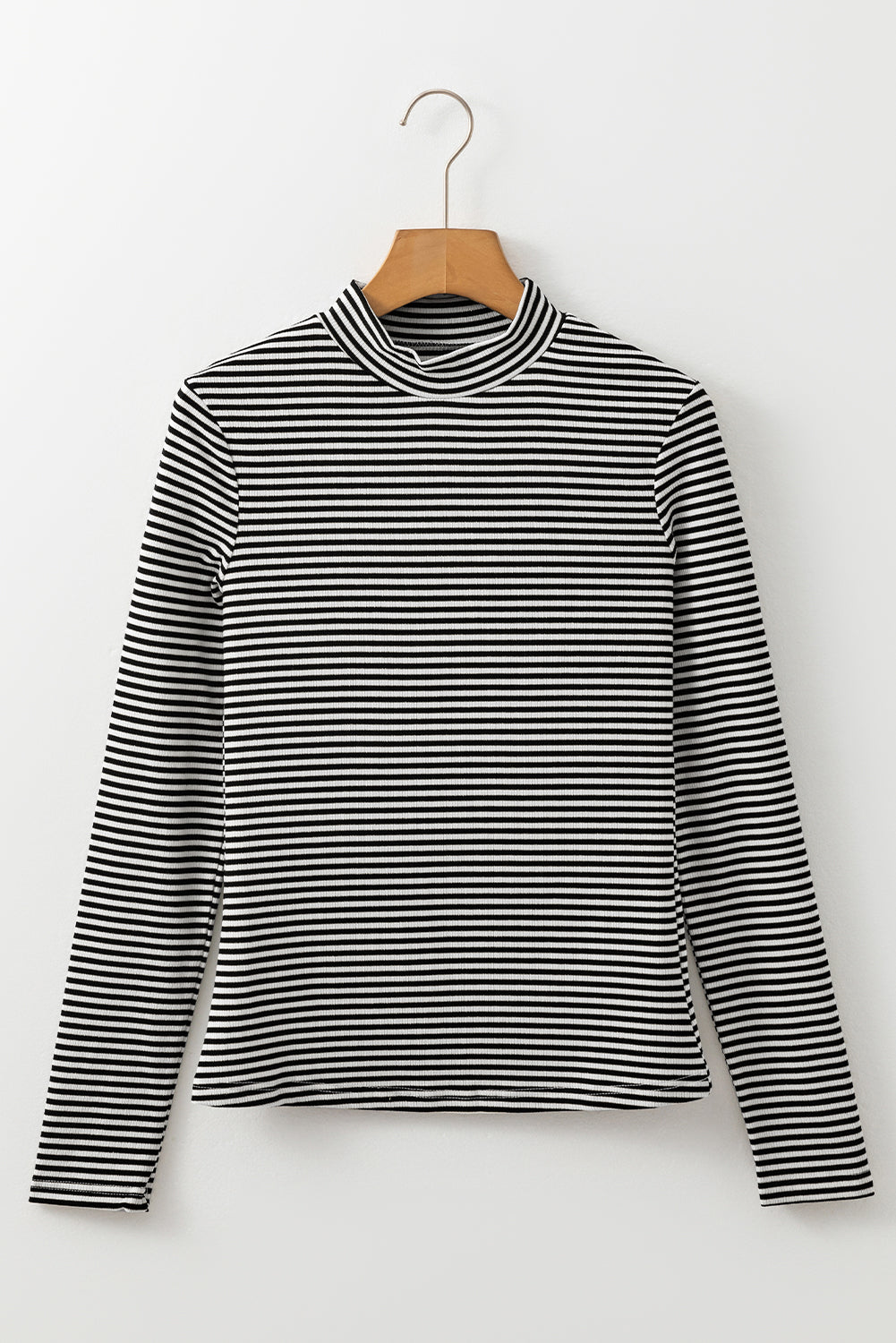 Knit Mock Neck Long Sleeve Slim Top | Black Stripe