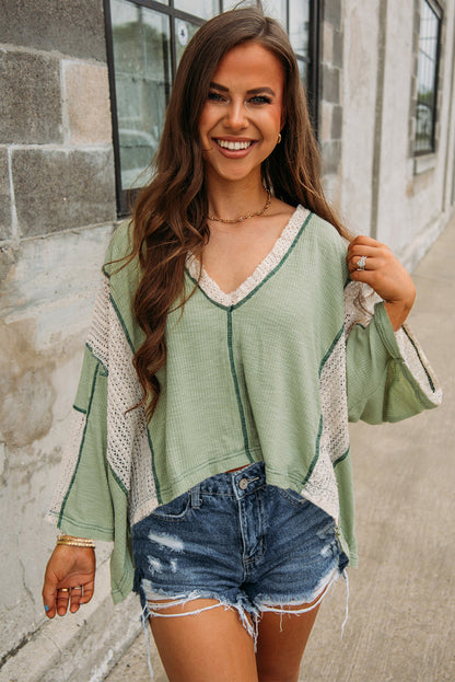 Crochet Detail Exposed Seam High Low Loose Top | Grass Green