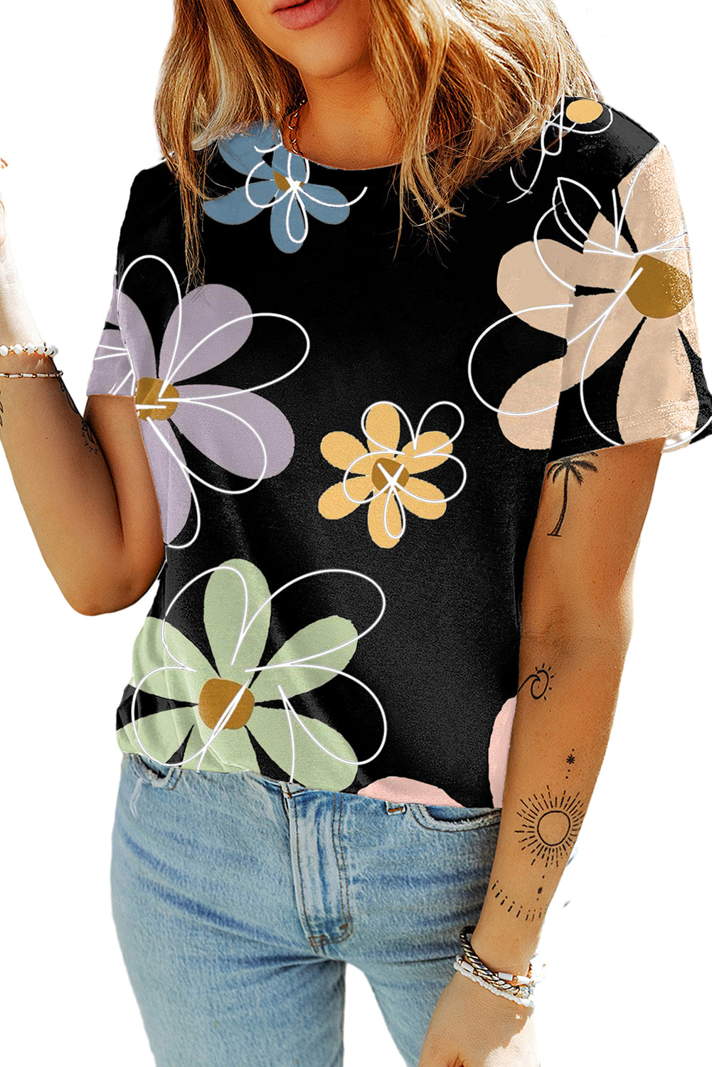 Summer Flower Print Casual Round Neck T Shirt | Black