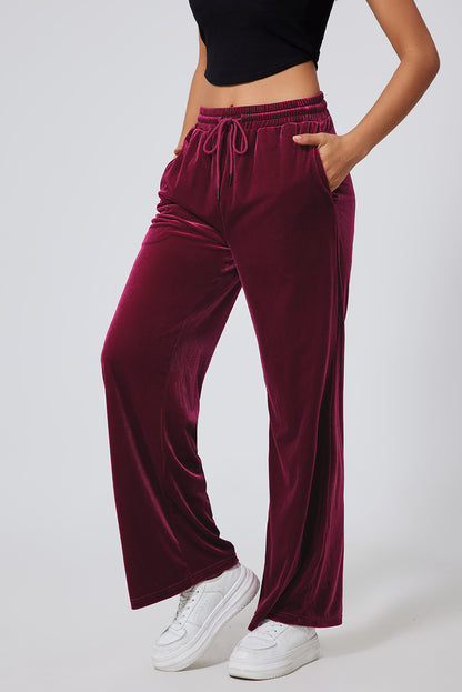 Solid Drawstring Waist Wide Leg Pants | Burgundy