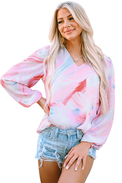 Abstract Print Balloon Sleeve V-Neck Blouse | Pink