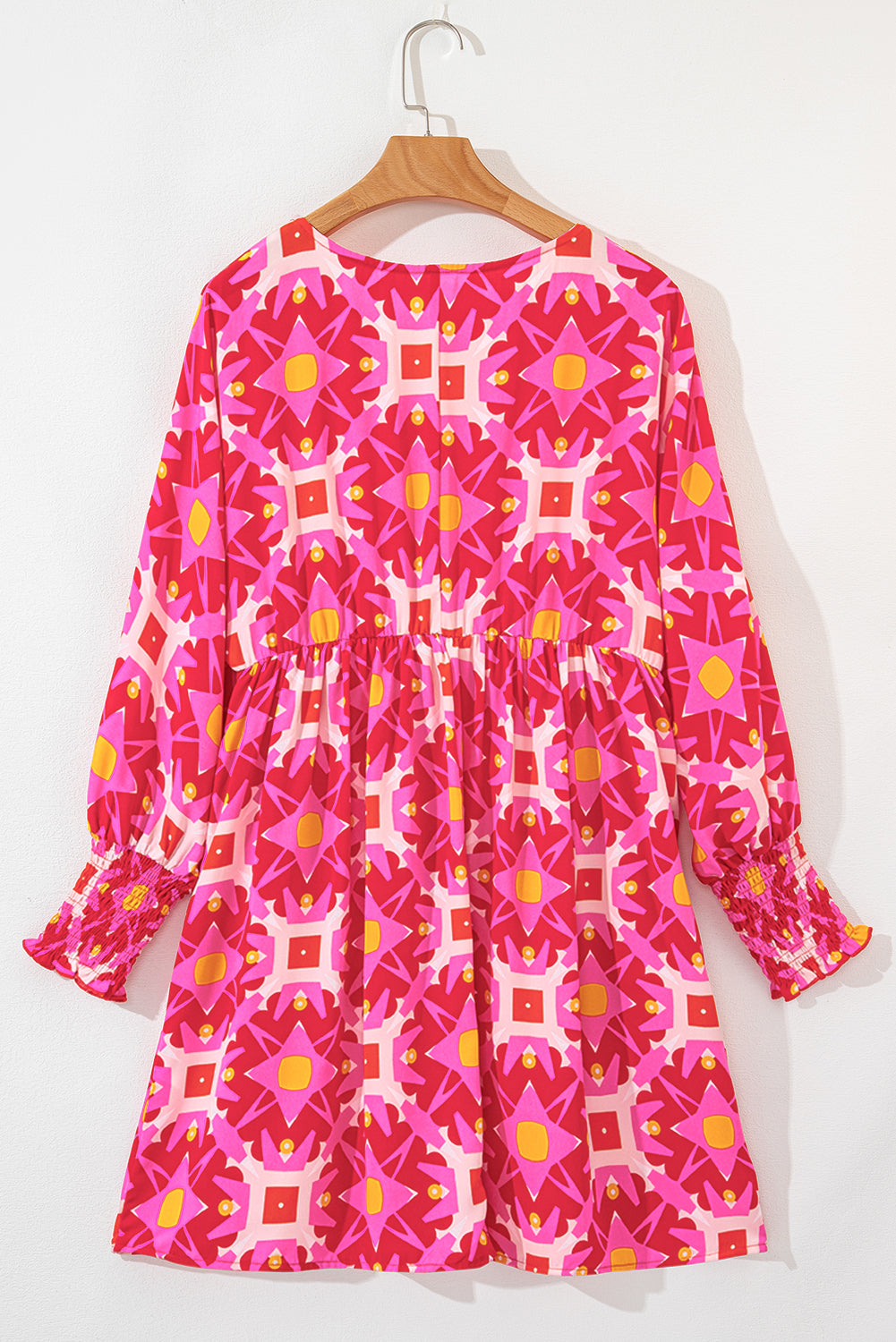 Geometric Print Smocked Long Sleeve Mini Dress | Strawberry Pink