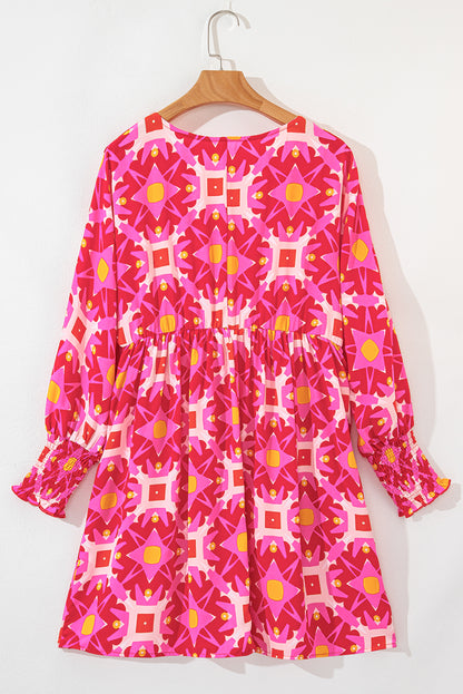 Geometric Print Smocked Long Sleeve Mini Dress | Strawberry Pink