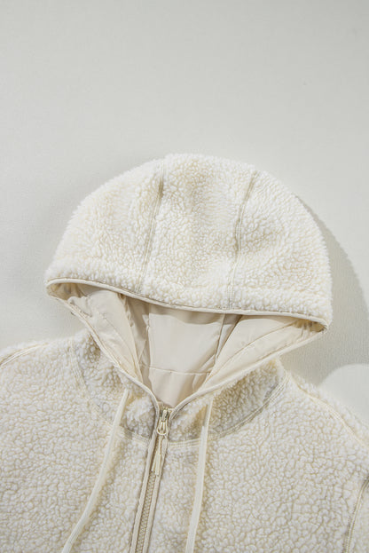 Fleece Zip Up Drawstring Hooded Pocketed Jacket | Beige