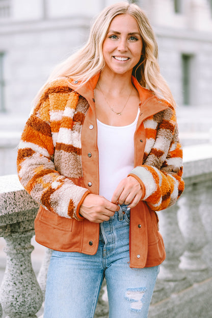 Quilted Patch Pockets Aztec Furry Jacket | Brown