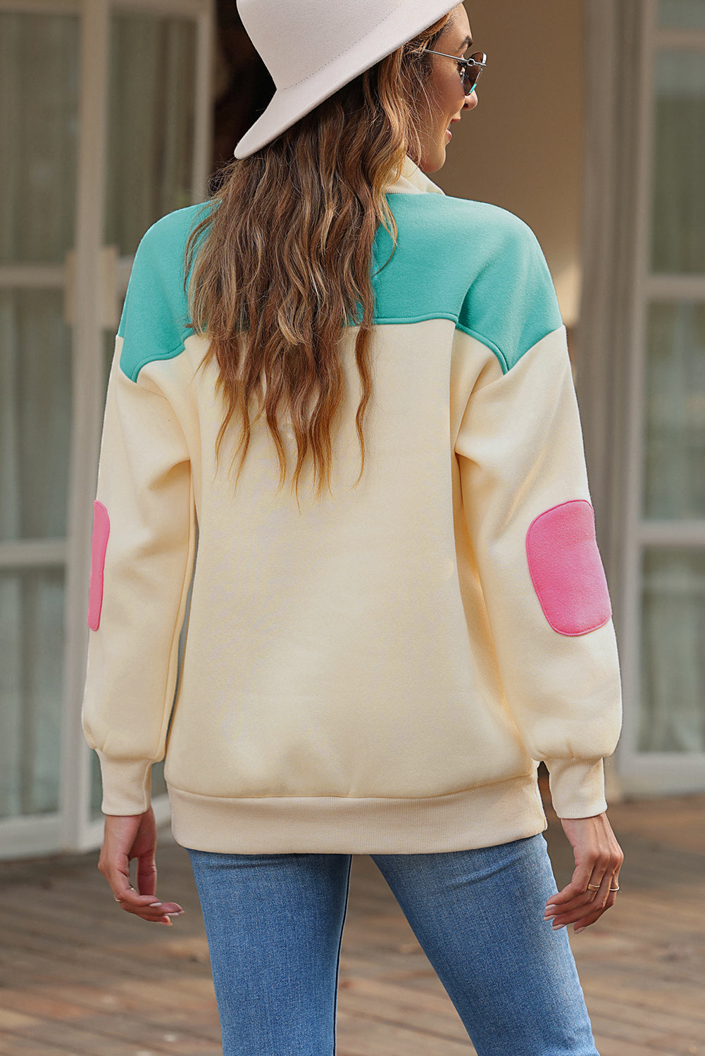 Colour Block Elbow Patch Half Button Sweatshirt | Apricot