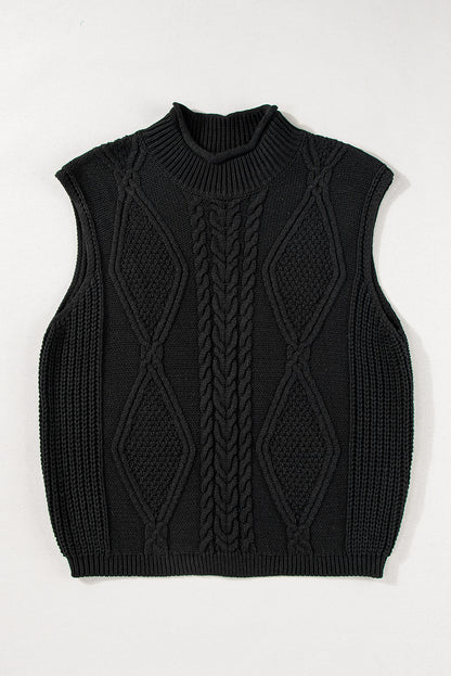 Solid Colour Cable Knit High Neck Sweater Vest | Black